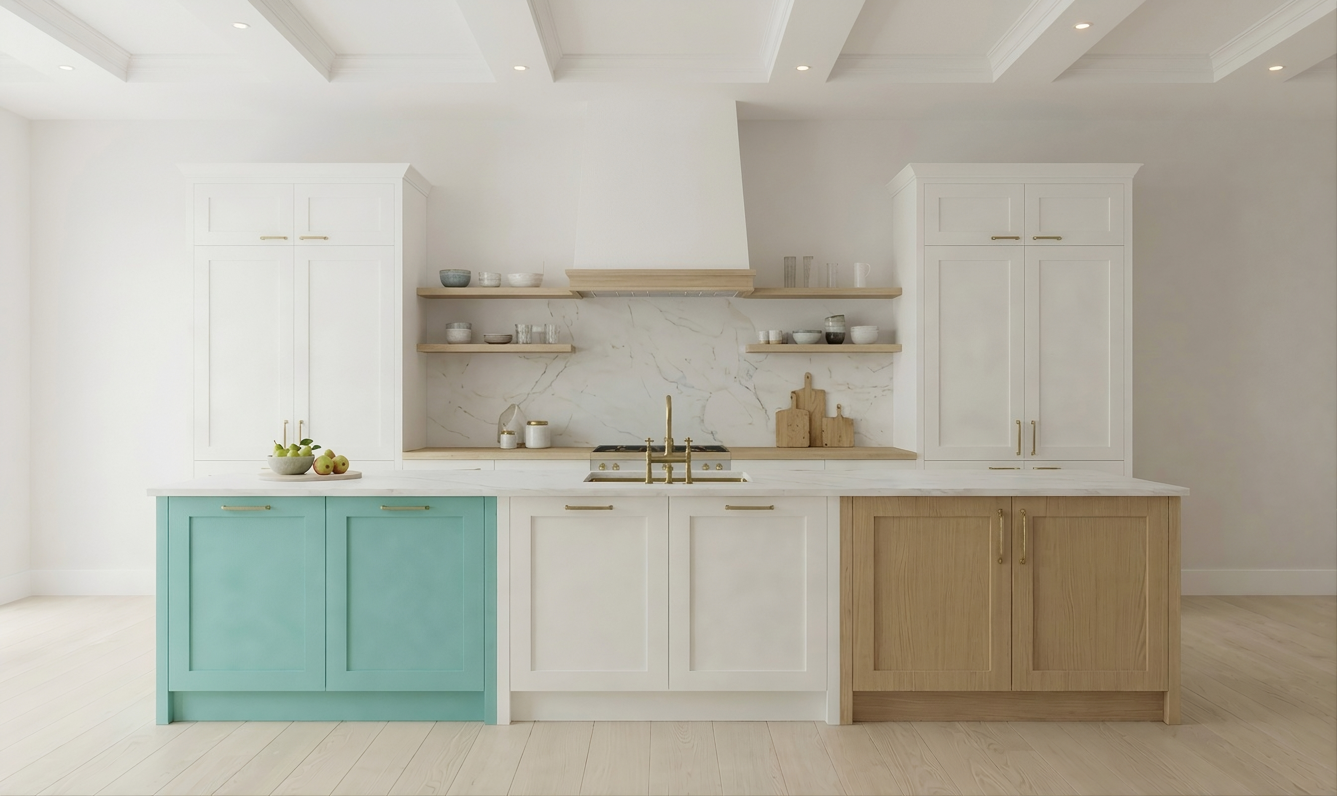 Modern sage green shaker kitchen with island and wooden stools