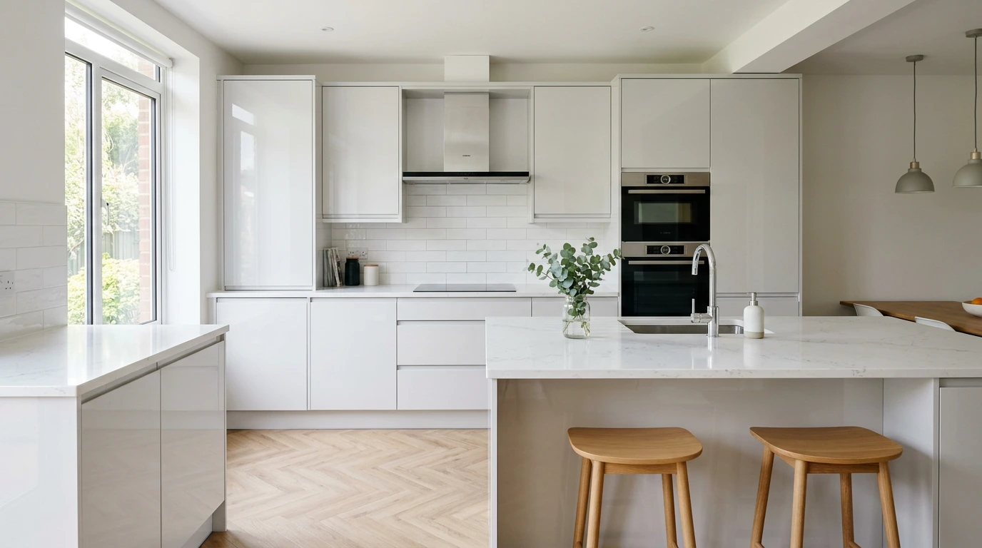 Modern high-gloss slab kitchen in white