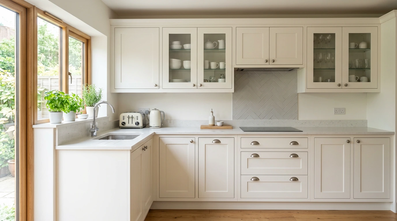 Bright kitchen with a neat run of warm white Shaker doors