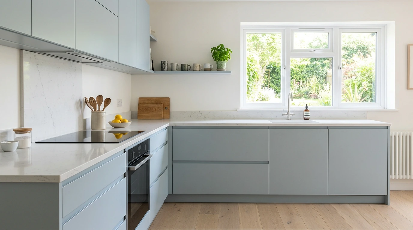 Calm kitchen with cleanly fitted pale blue-grey slab fronts