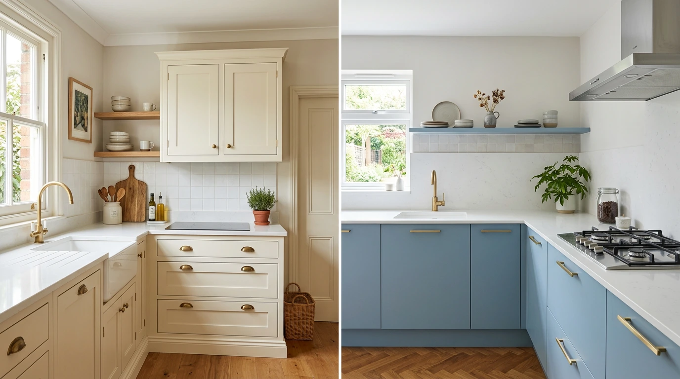 Kitchen comparing cream Shaker doors with light blue slab doors