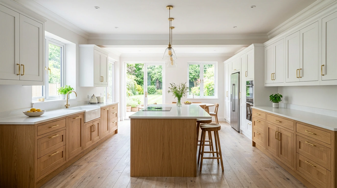 Wide open-plan kitchen pairing warm oak and crisp white doors