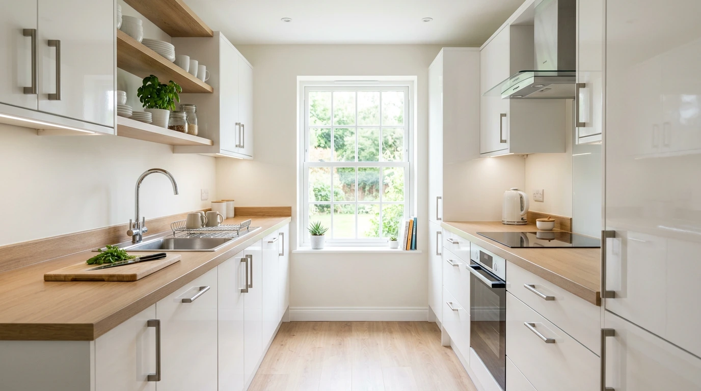Bright compact galley kitchen in crisp white slab