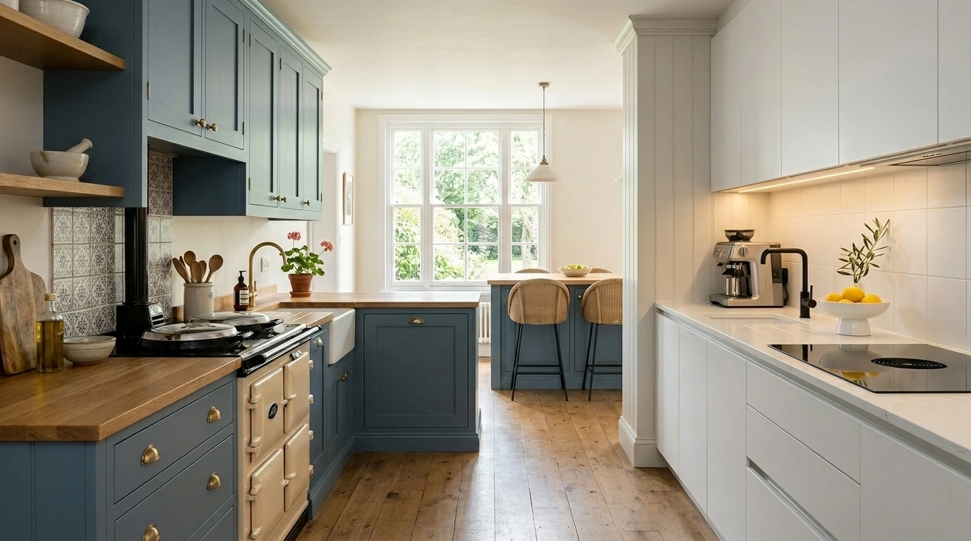 Kitchen blending dusky blue Shaker units with a white slab run