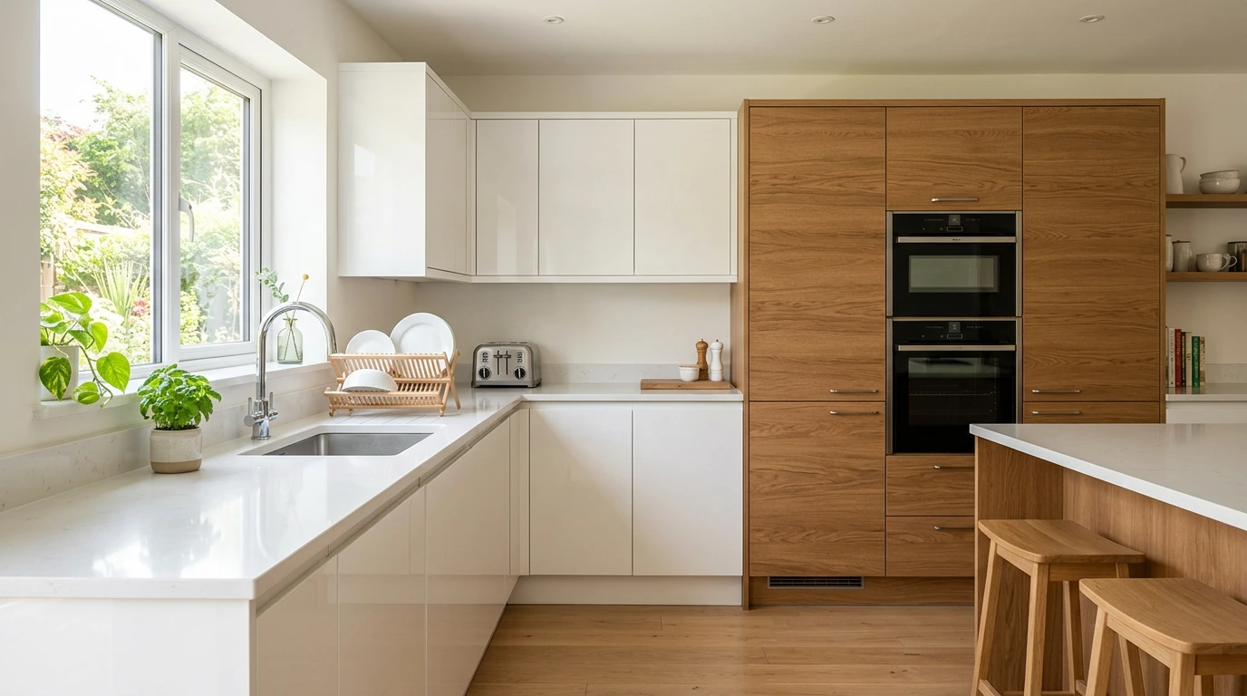 Bright kitchen pairing high-gloss white and warm woodgrain finishes