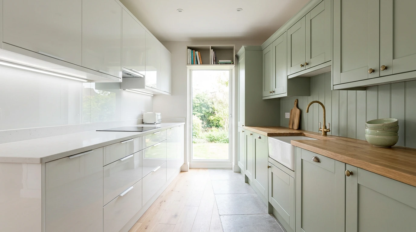 Kitchen comparing a gloss white slab run with a matt sage Shaker run