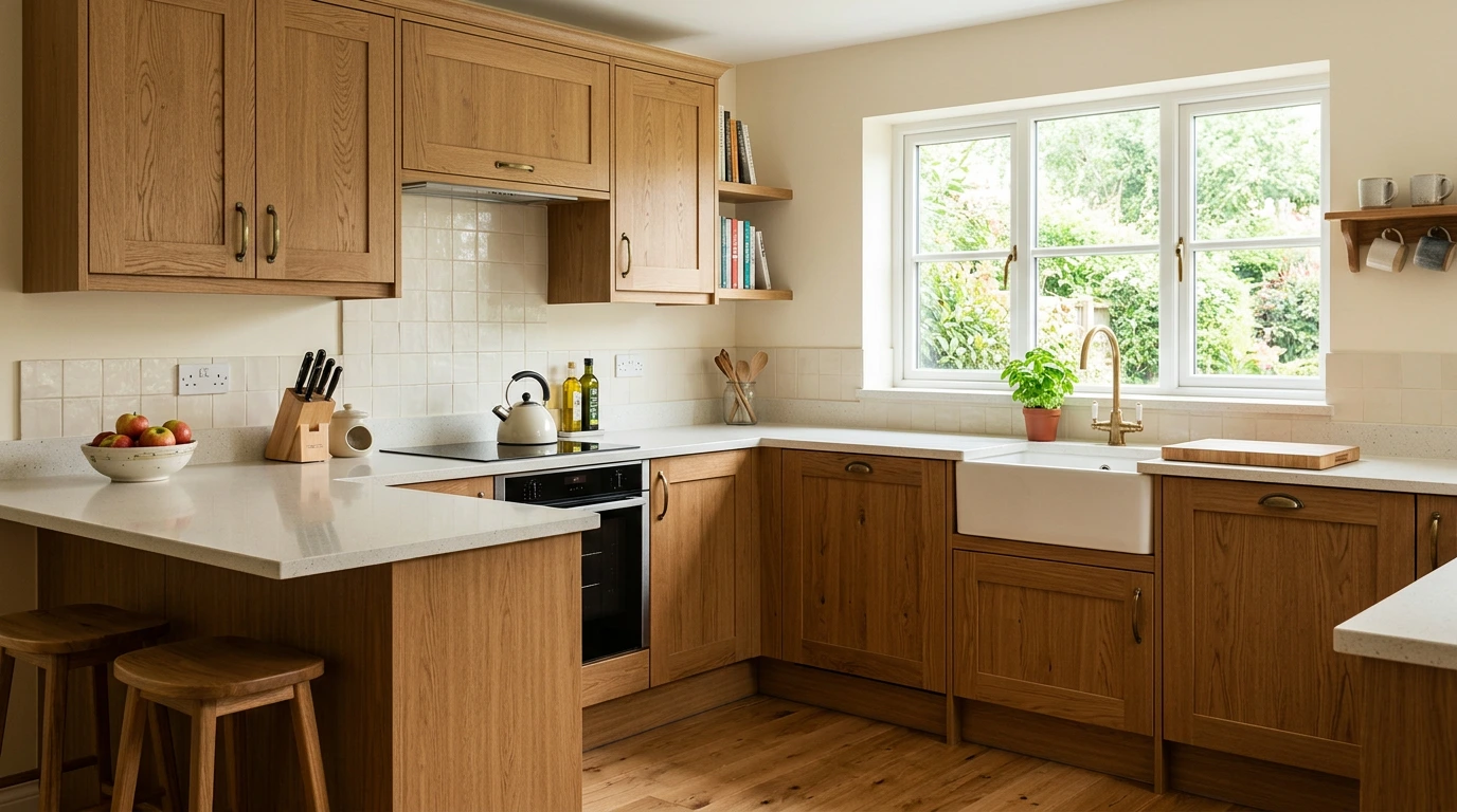 Warm family kitchen with woodgrain Shaker doors in mid oak