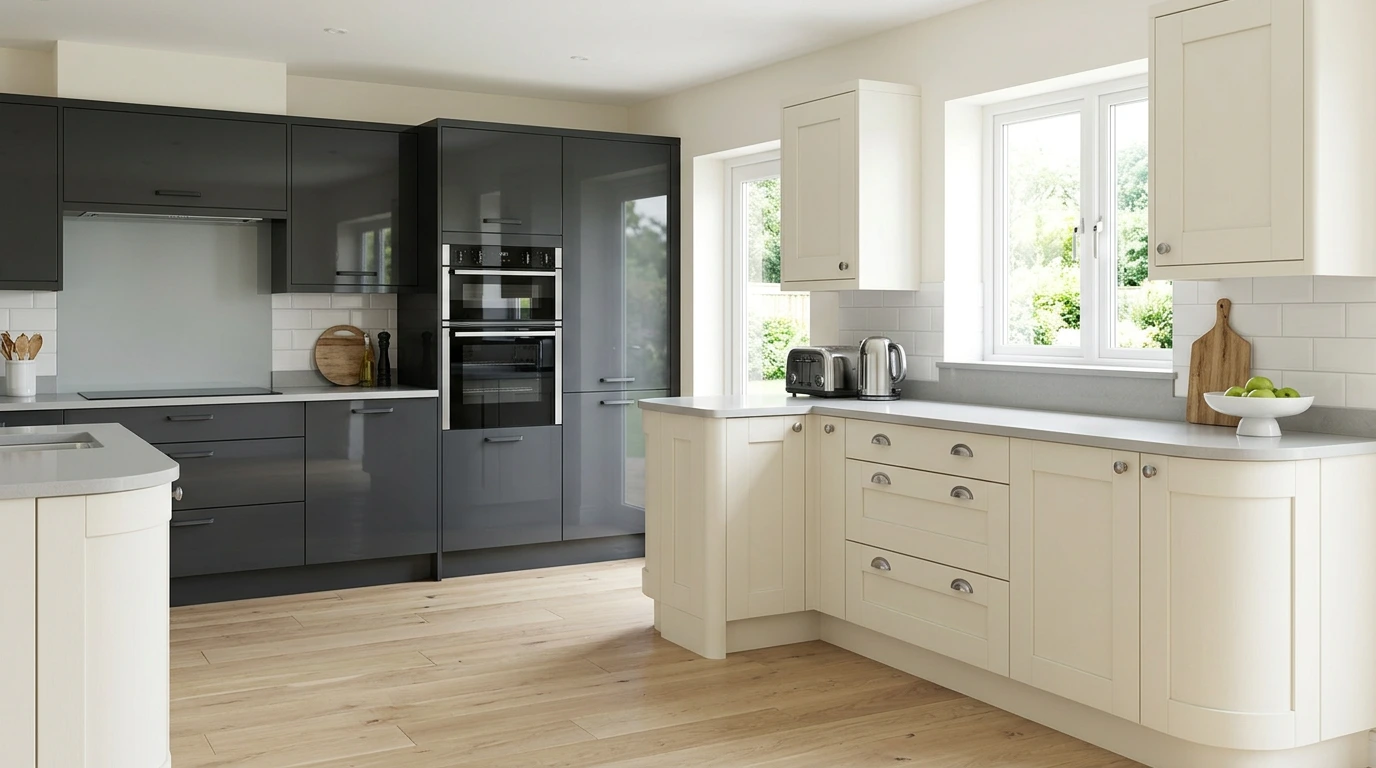 Kitchen contrasting charcoal gloss acrylic slab doors with cream vinyl Shaker