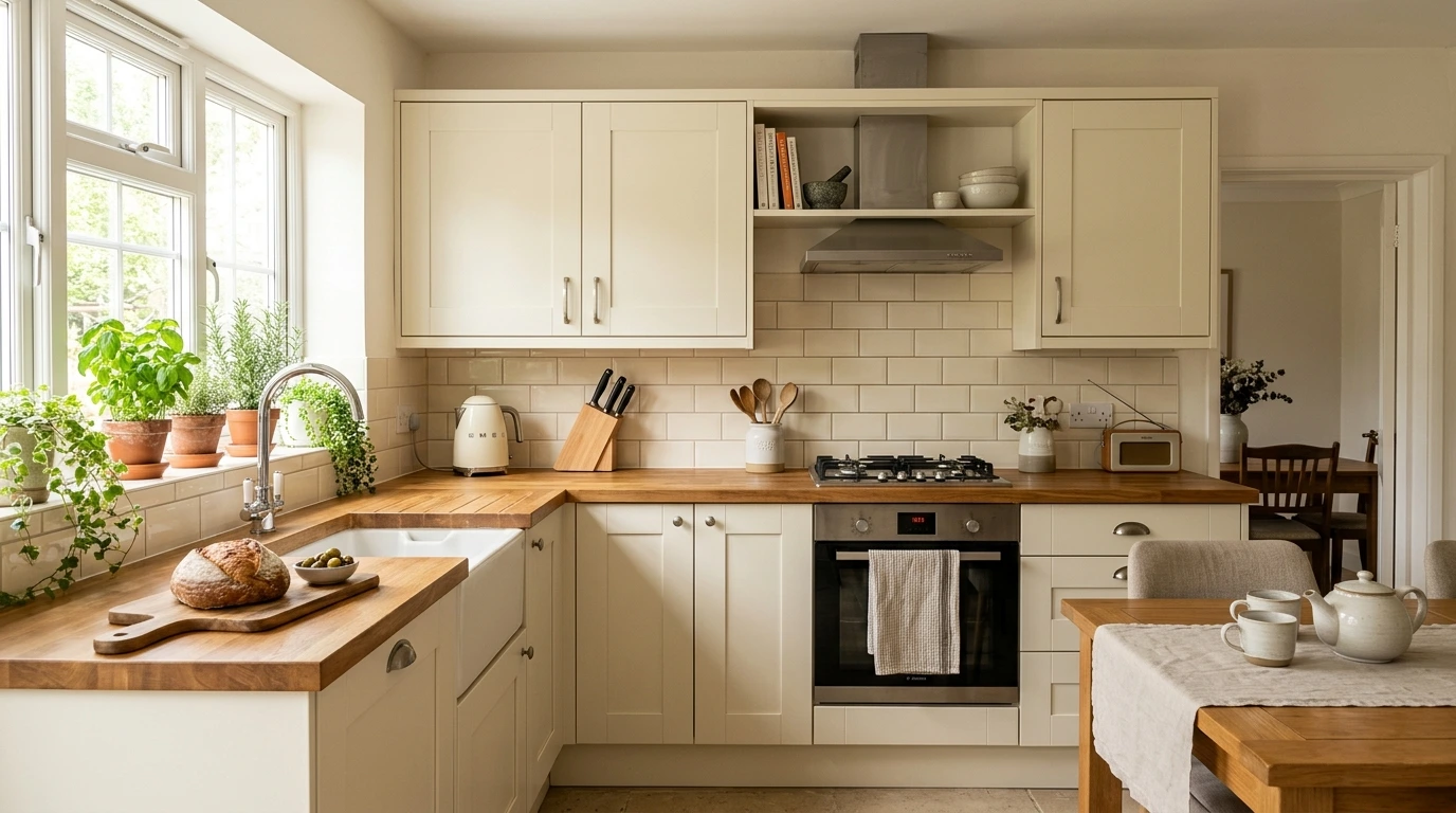 Warm, inviting family kitchen refreshed affordably with stylish new replacement doors