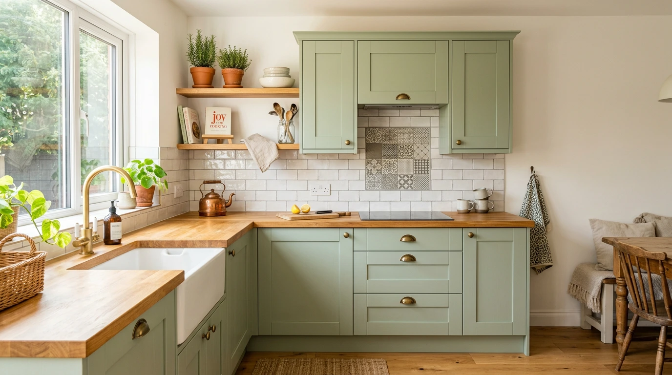 Cheerful budget-refreshed kitchen with painted Shaker units and brass handles