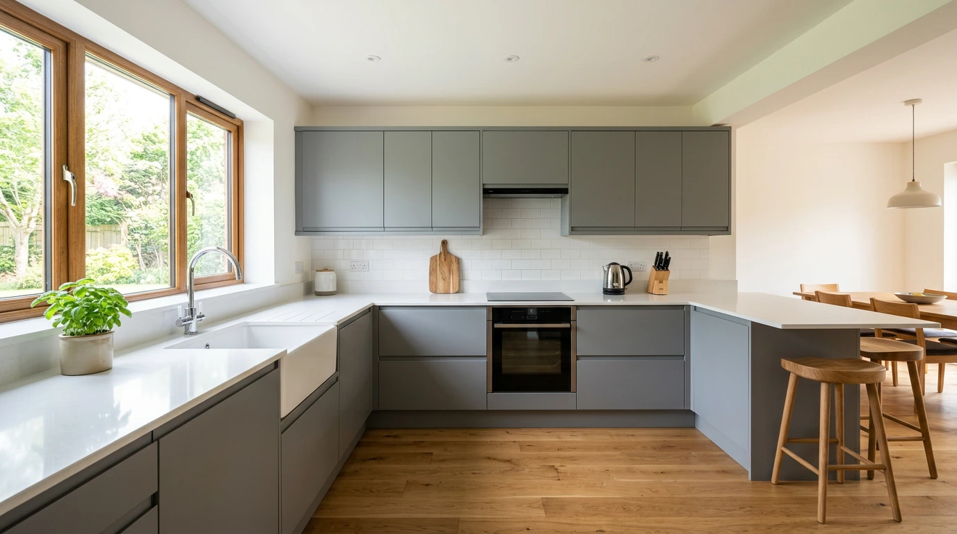 Wide view of a kitchen with a tidy run of mid-grey slab doors