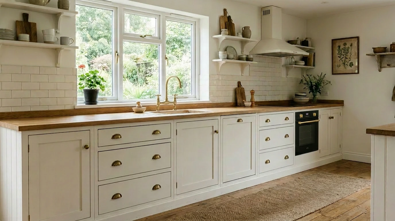 Neat well-ordered Shaker kitchen in warm white