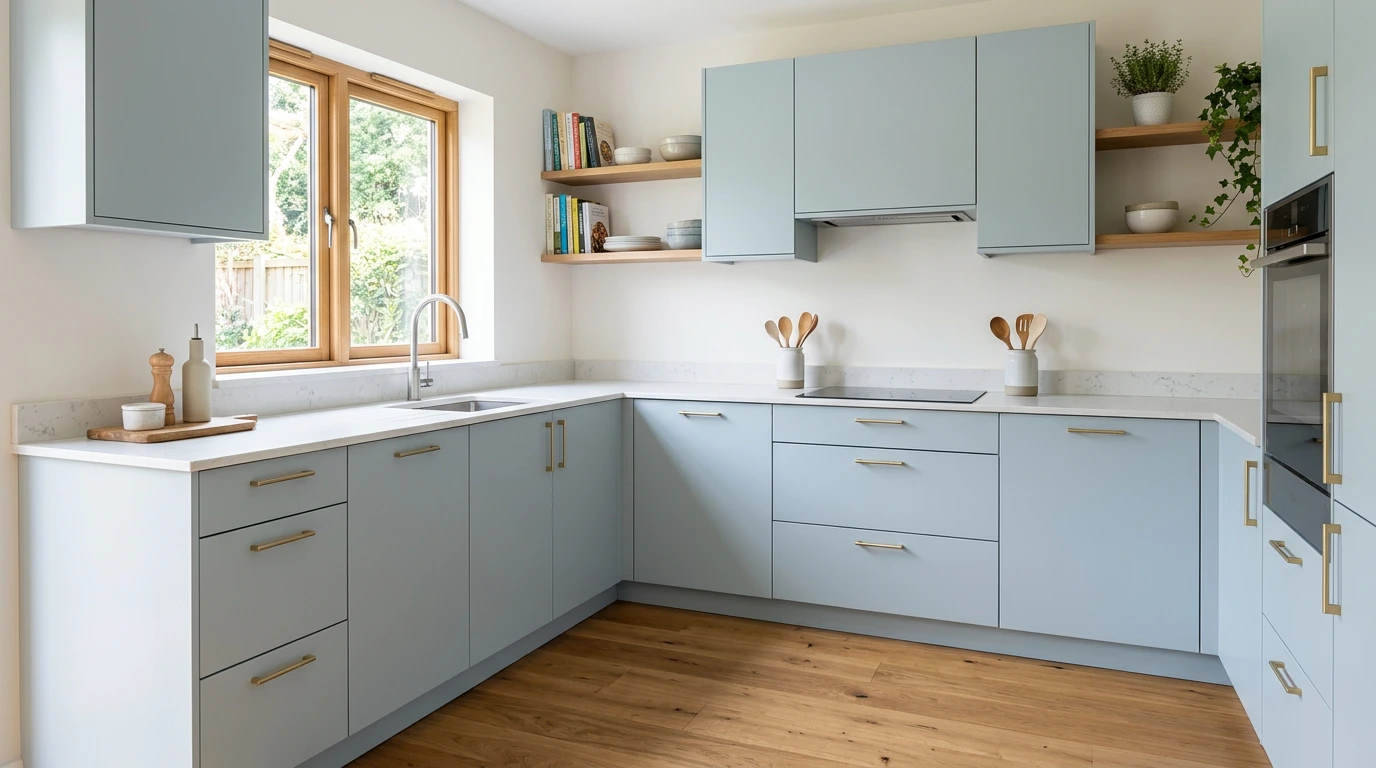 Bright kitchen with perfectly fitting pale blue-grey slab doors