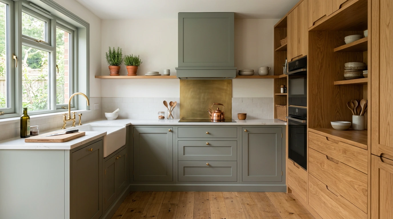 Kitchen pairing a painted grey-green Shaker run with solid oak slab units