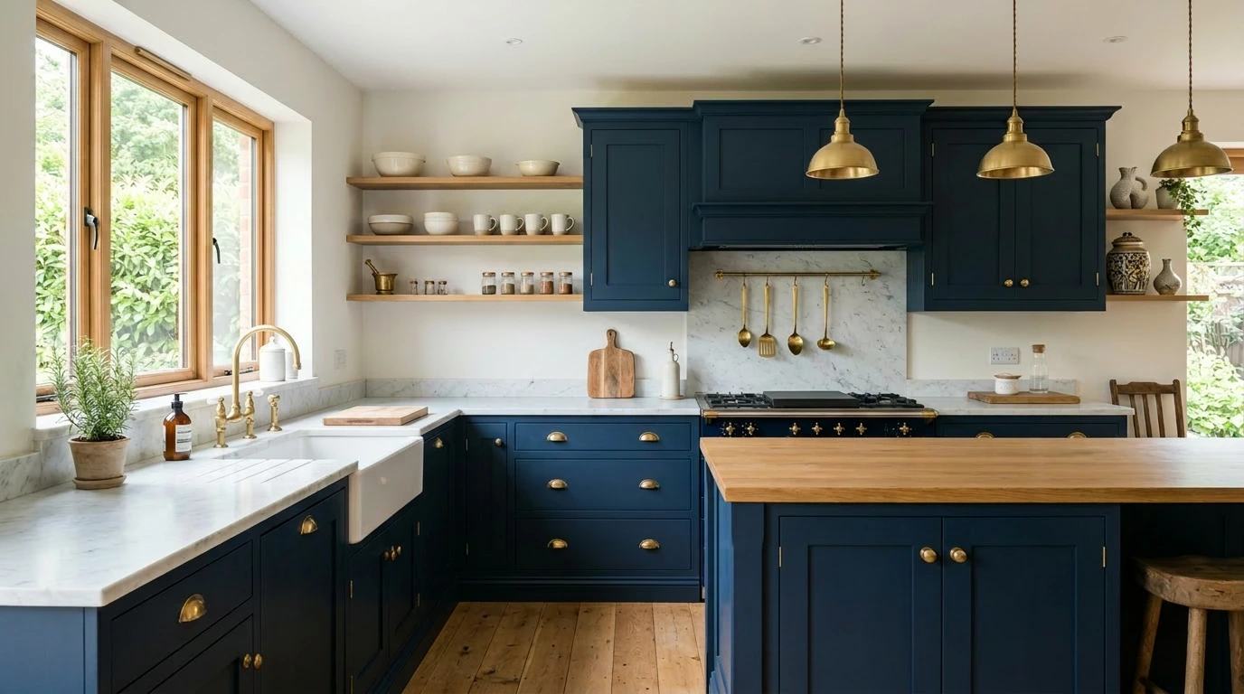 Bright kitchen with bold deep navy Shaker doors and brass handles