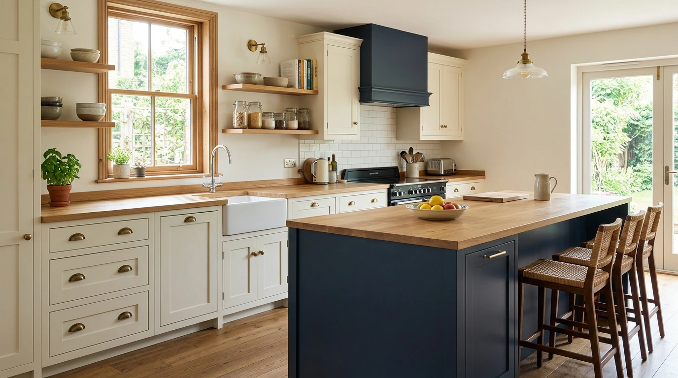 Aspirational kitchen blending Shaker units, warm wood and a slab island