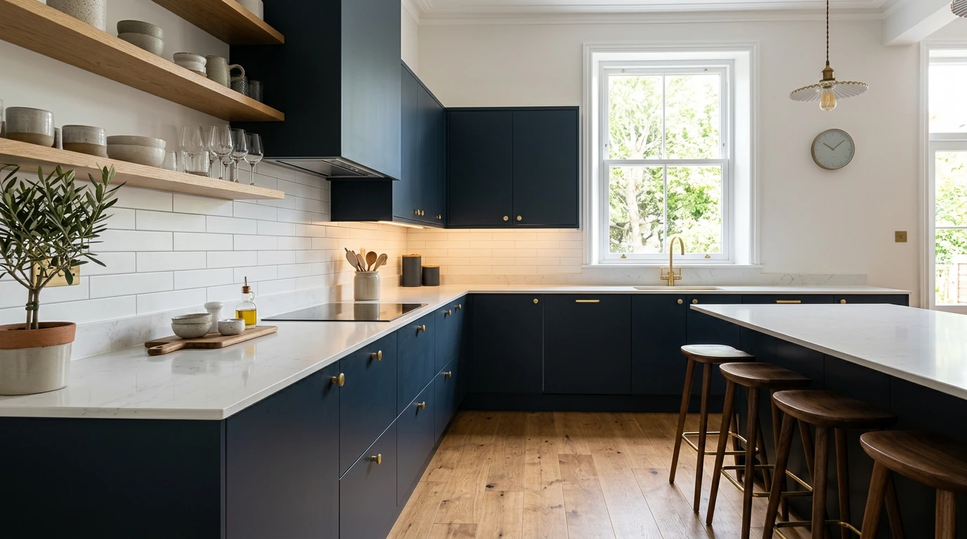 Elegant affordable-luxury kitchen with deep matte navy slab doors