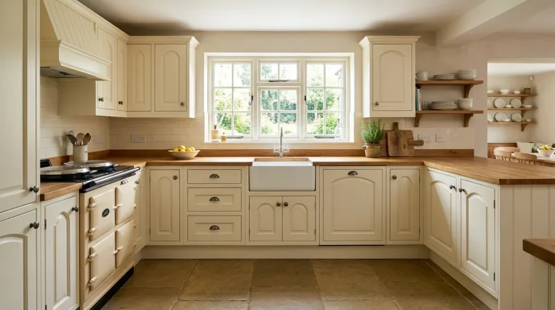 Calm, characterful Cathedral kitchen in cream with warm wood worktop