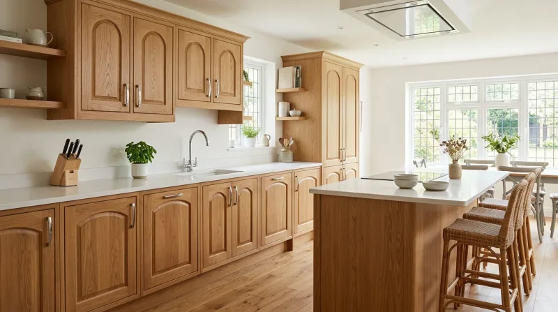 Bright, characterful Cathedral kitchen in natural oak with white quartz worktop