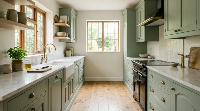 Warm, characterful Cathedral kitchen in sage green with marble-effect worktop