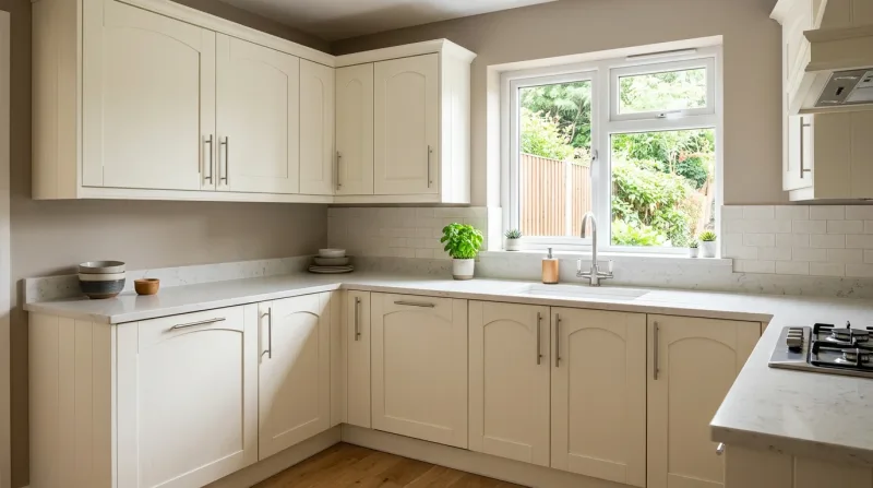 Smart, characterful Cathedral kitchen in painted off-white with light stone worktop