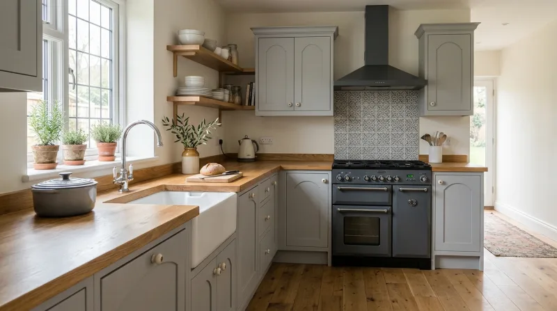 Soft, characterful Cathedral kitchen in light grey with solid oak worktop