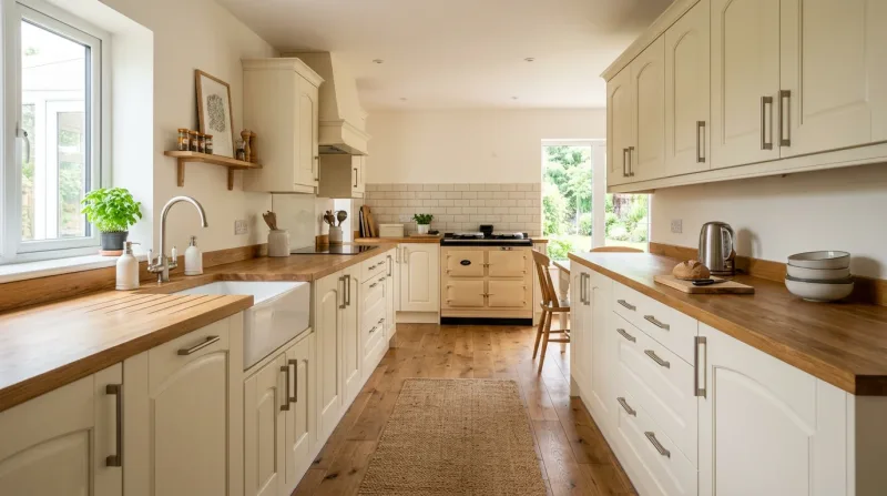 Calm, characterful Cathedral kitchen in cream with warm wood worktop