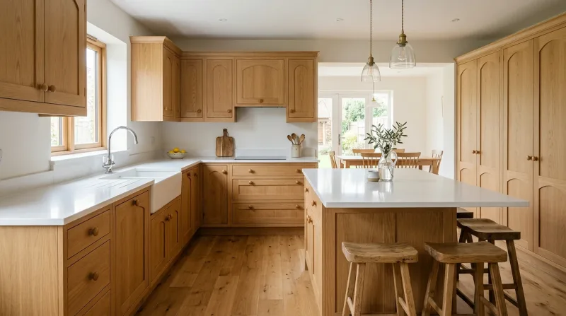 Bright, characterful Cathedral kitchen in natural oak with white quartz worktop
