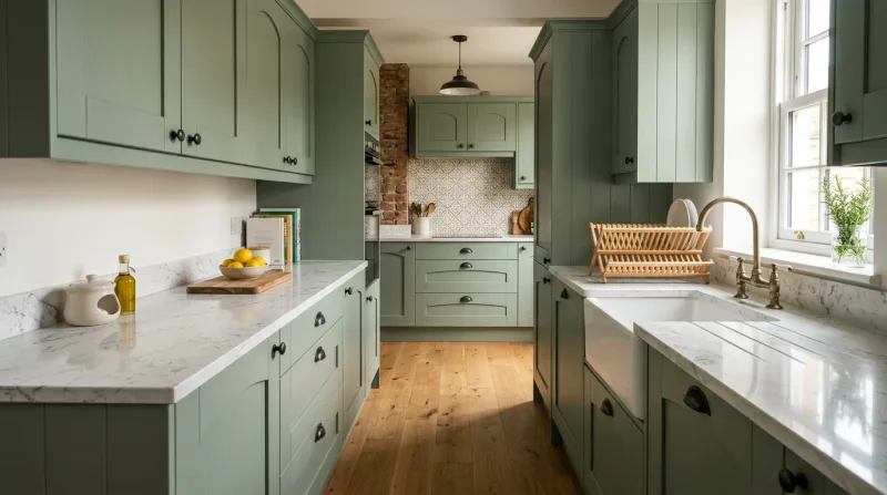 Warm, characterful Cathedral kitchen in sage green with marble-effect worktop