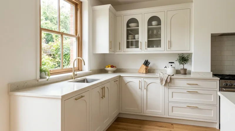 Smart, characterful Cathedral kitchen in painted off-white with light stone worktop