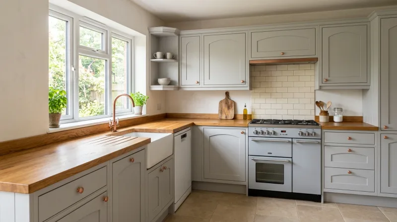 Soft, characterful Cathedral kitchen in light grey with solid oak worktop
