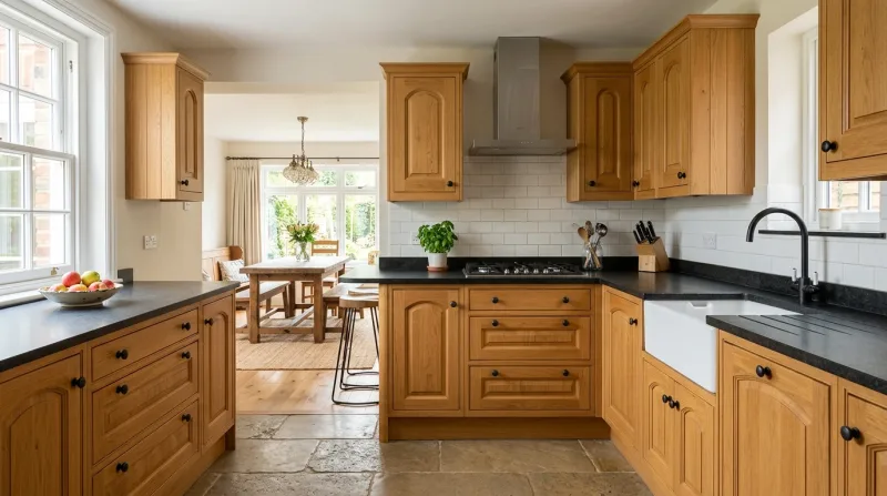 Fresh, characterful Cathedral kitchen in honey oak with dark stone worktop