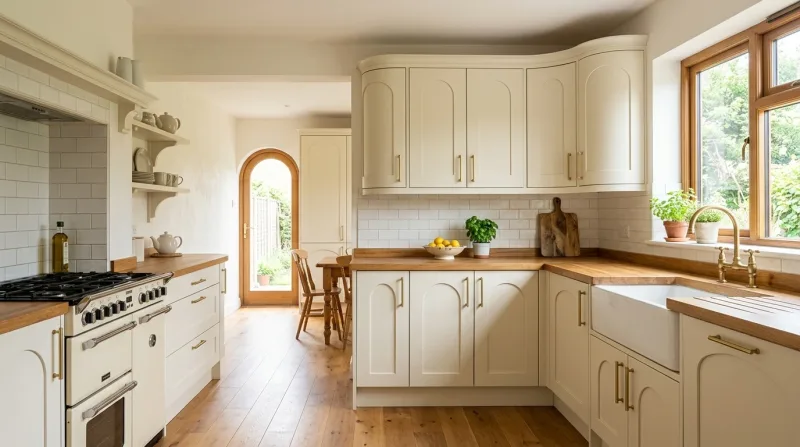 Calm, characterful Cathedral kitchen in cream with warm wood worktop
