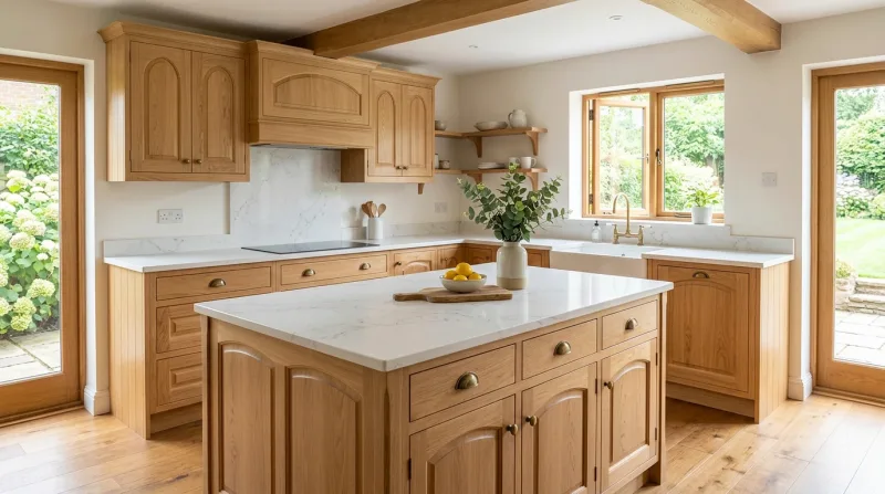 Bright, characterful Cathedral kitchen in natural oak with white quartz worktop