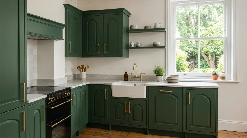 Bright, characterful Cathedral kitchen in forest green with white quartz worktop