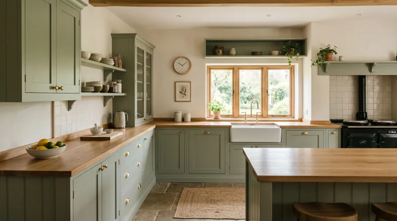 Calm, characterful Shaker kitchen in sage green with warm wood worktop