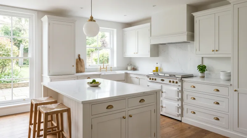 Bright, characterful Shaker kitchen in soft white with white quartz worktop