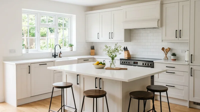 Modern Shaker kitchen in soft white with matt black handles and white quartz worktop