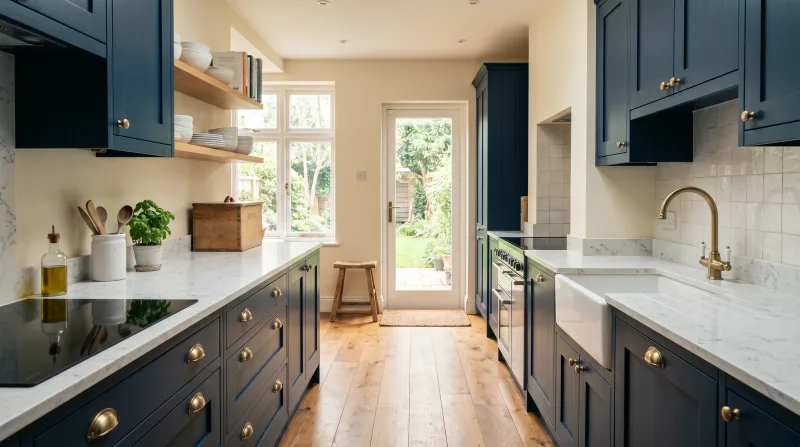 Warm, characterful Shaker kitchen in deep navy with marble-effect worktop