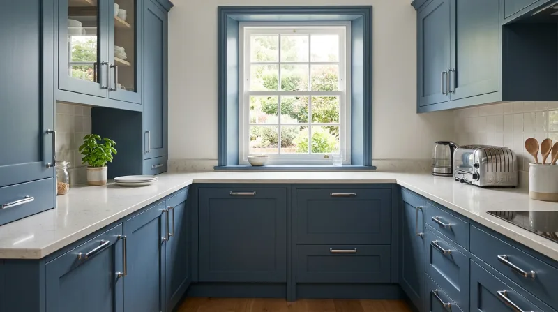 Smart, characterful Shaker kitchen in dusky blue with chrome bar handles and light stone worktop