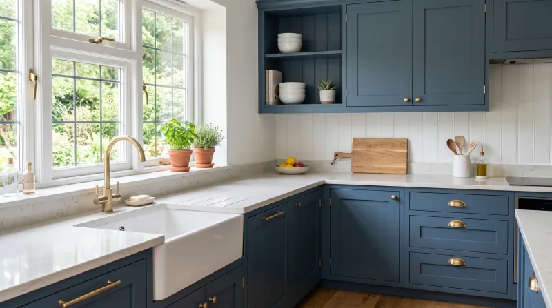 Smart, characterful Shaker kitchen in dusky blue with light stone worktop