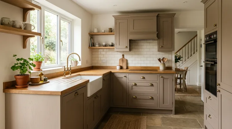 Soft, characterful Shaker kitchen in muted clay with solid oak worktop
