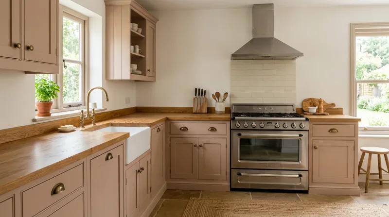 Soft, characterful Shaker kitchen in warm clay with solid oak worktop