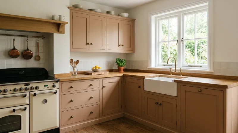 Warm, inviting Shaker kitchen in warm clay with solid oak worktop