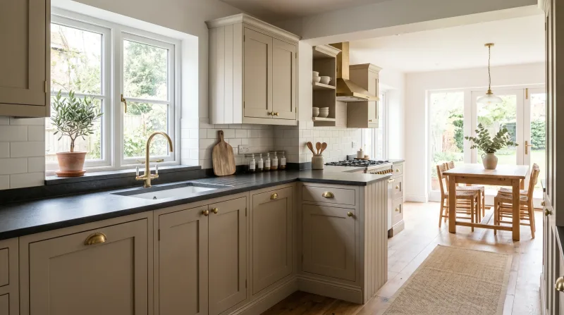 Fresh, characterful Shaker kitchen in mushroom taupe with dark stone worktop