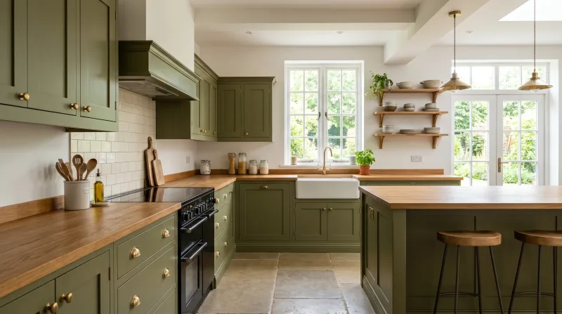 Calm, characterful Shaker kitchen in olive green with warm wood worktop