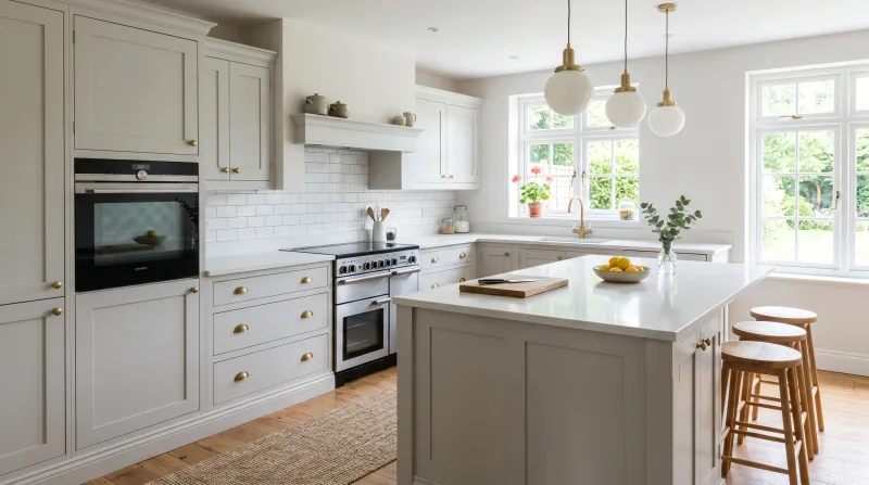 Bright, characterful Shaker kitchen in pale grey with white quartz worktop