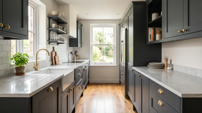 Light, bright Shaker kitchen in charcoal with marble-effect worktop