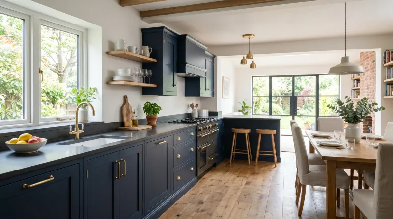 Fresh, characterful Shaker kitchen in deep navy with dark stone worktop