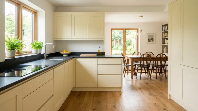 Fresh, characterful Shaker kitchen in buttermilk with dark stone worktop